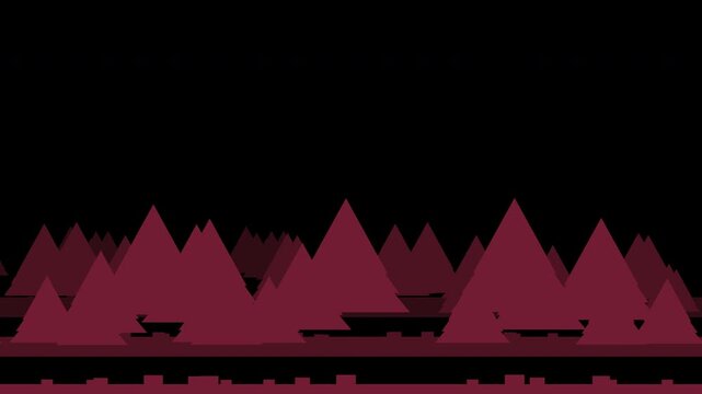 Pine tree forest silhouette drifting in layered parallax depth, burgundy Christmas transparent overlay, seamless loop animation
