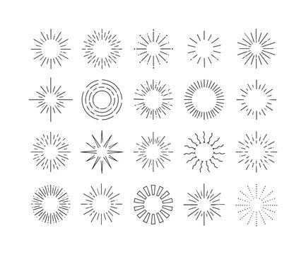 Radial Sunburst Lines, one-line drawing set, create 20 minimal continuous single-line icons of radial sun lines, circular bursts, concentric light rays, geometric starbursts, solar beam symbols,