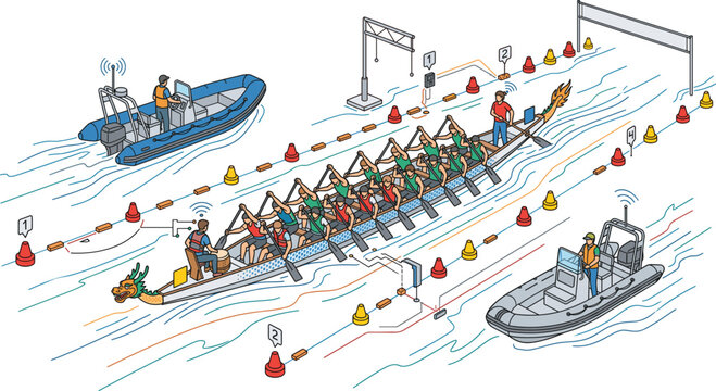 dragon boat, race, rowing, water sport, teamwork, illustration, vector, competition, boat, team, traditional sport, regatta, festival, rowers, paddling, aquatic sport, isometric, motorboat, course buo