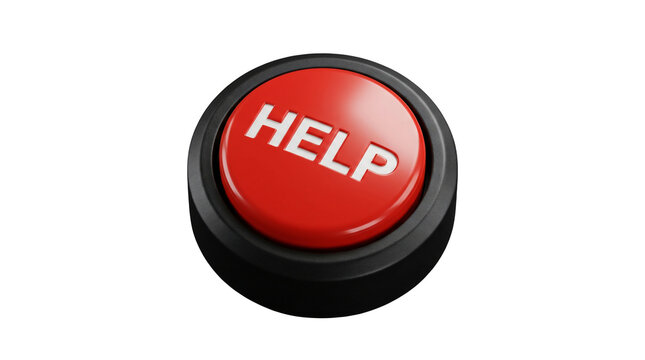 Red help button isolated on white. Emergency push button for customer support assistance.