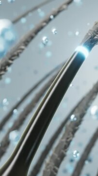 Vertical 3D animation featuring multiple blue serum capsules surrounding a severely damaged hair fiber. The active ingredients gradually absorb into the strand, smoothing the rough cuticle