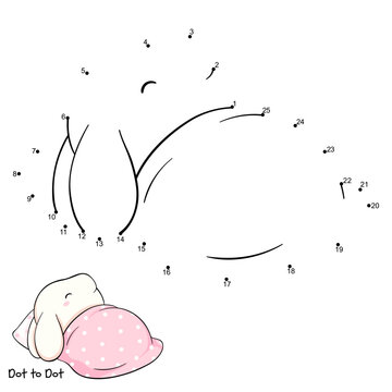 Connect The Dots and Draw Cute sleeping bunny. Dot to dot puzzle - baby rabbit. Educational Game for Kids. Drawing for Preschool children. Vector Illustration EPS8