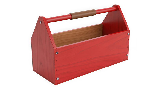 Empty red wooden tool box with handle for construction and repair work isolated on transparent background