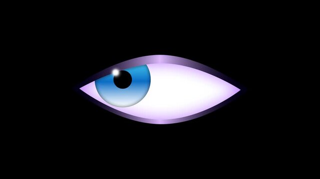 Cartoon eye animation on a black background showing pupil movement in various directions as it blinks in an expressive loop.