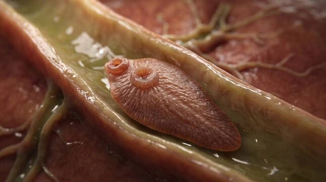 Parasitic Flatworm: A microscopic view of a parasitic flatworm, likely a trematode, nestled within a blood vessel or internal canal, showcasing its unique anatomy.