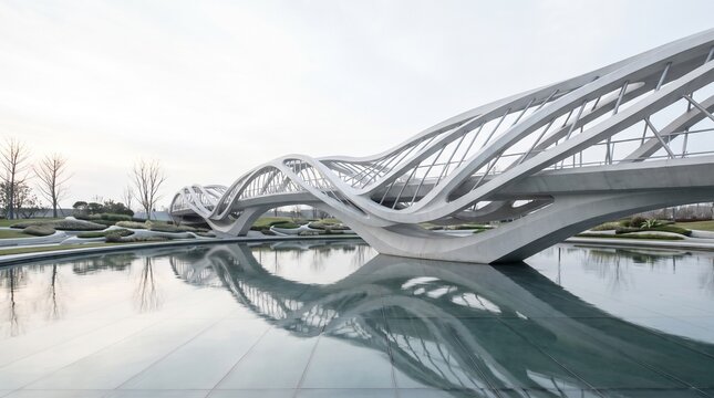 Elegant twisted white bridge inspired by parametric architecture crossing reflective water, minimalist environment, bright sky, high-end architectural rendering.

