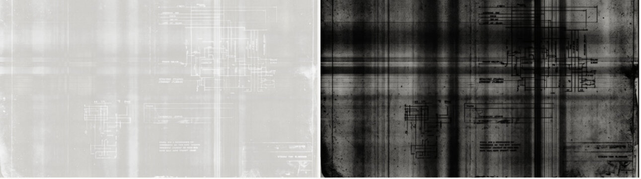 Faded vintage technical blueprint background, worn distressed engineering paper texture with faint schematic lines and industrial diagrams, abstract retro architecture concept for professional