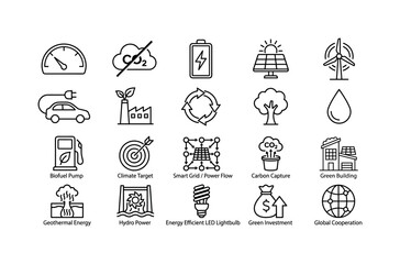 Fototapeta premium Collection of icons representing green energy and environmental concepts