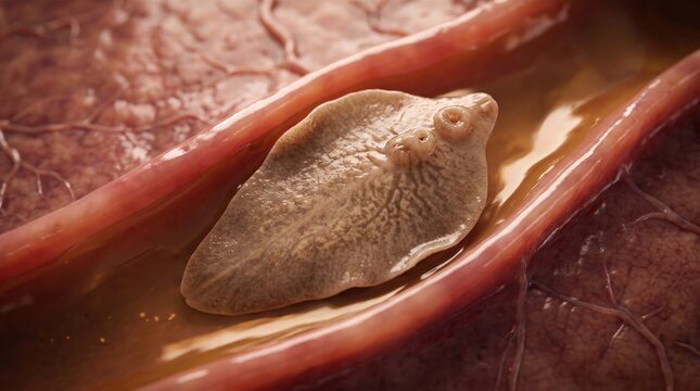 Parasite in Vein: A microscopic view of a flatworm parasite nestled within a blood vessel, illustrating the invasive nature of disease and the unseen world of biology.