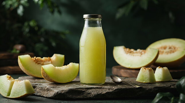 Fresh melon juice in a glass bottle with melon slices on a dark background