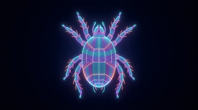 Digital neon computer virus icon glowing in cyber space with technology, computer