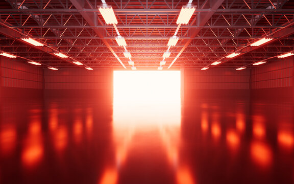 Industrial factory entrance door with neon light, 3d rendering.