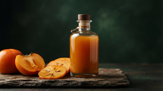 Persimmons and bottle of syrup on dark slate background