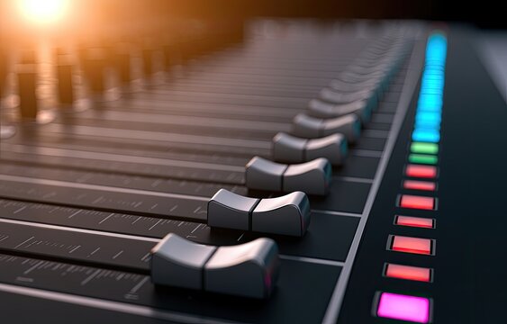Close-up of a sound mixing console with illuminated faders and controls