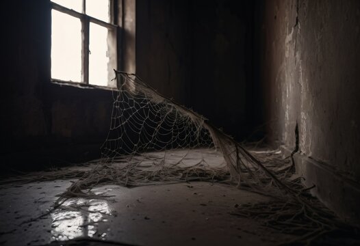 Abandoned room with cobwebs and window light, spooky halloween interior