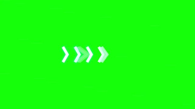 Animated Glitch Chevron Arrows Moving Right on Green Screen. Digital progress indicator or next button element with RGB split effect.