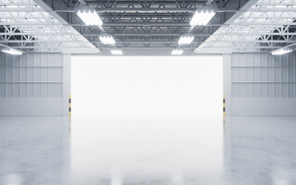 Opened industrial factory entrance door, interior of warehouse, 3d rendering.