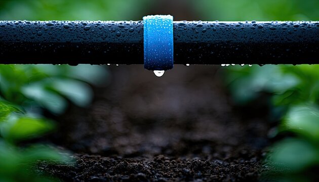Close-up of a black irrigation tube with water droplets, focused on a blue clamp