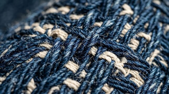 Close-up of blue and beige woven fabric texture with intricate pattern