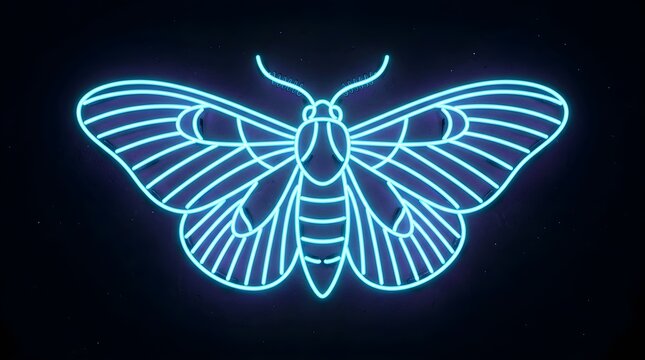 Symmetrical glowing neon moth illustration in blue light against dark background