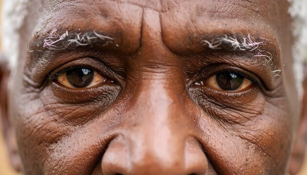 Close up of an elderly African mans expressive eyes and weathered face.
