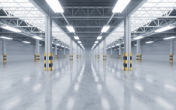 Empty industrial factory, interior of warehouse, 3d rendering.