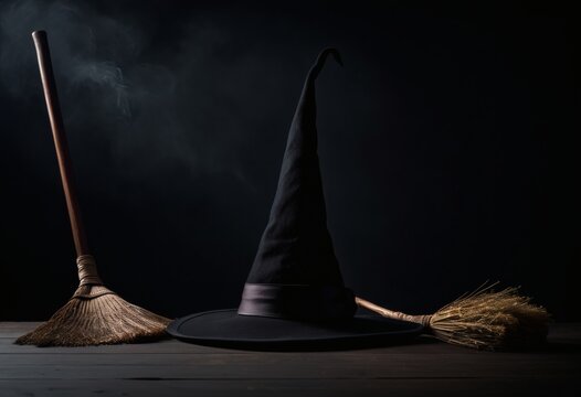 Witch hat and broom on dark background, halloween banner with copy space
