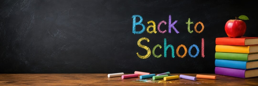 Colorful Back to School message written on a classroom chalkboard with books, apple and chalk. Educational horizontal banner with copy space for school promotions, learning and academic events
