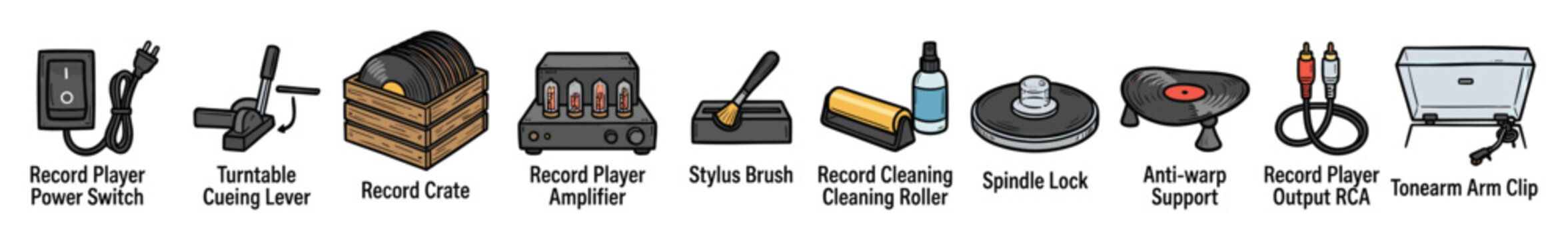 Set of essential record player accessories and turntable maintenance tools for music lovers