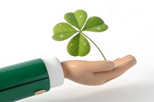 Four leaf clover held in human hand symbolizing luck and fortune with isolated