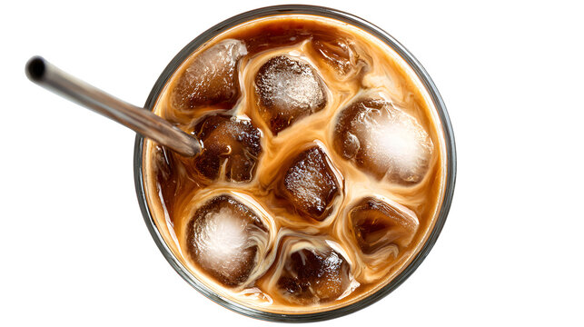 Overhead view of iced coffee drink with metal straw with down view glass top down refreshment container beverage caffeine metallic utensil with summer