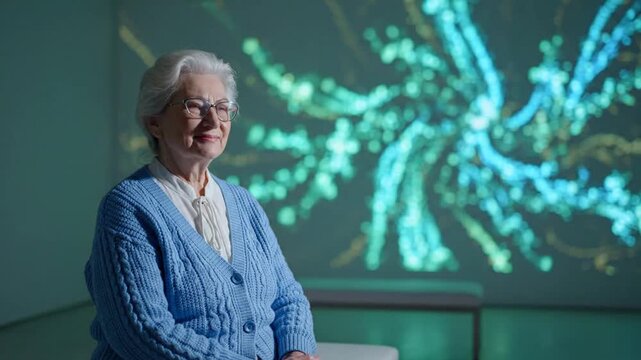 Senior Woman Viewing Digital Art Installation