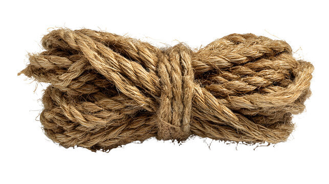 Tangled mass of thick brown rope on white background with close up material texture coarse string object detail fiber twine cord yarn