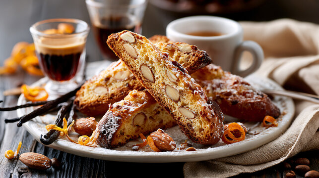 Traditional Italian almond cantucci biscotti served with espresso coffee on a rustic wooden table