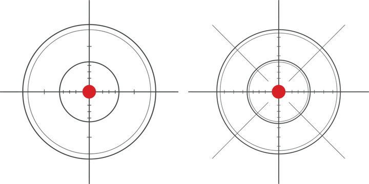 Reticle icon set vector featuring two crosshair sights with red dots for target acquisition, aiming accuracy, focus, and precision design concepts.