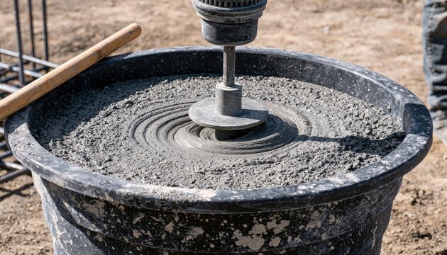 Portable mixer churns grey concrete slurry in a large black tub at a construction site