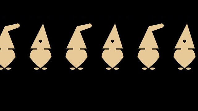 Scandinavian gnomes with pointy hats marching in a cute parade, gold Christmas transparent overlay, seamless loop animation