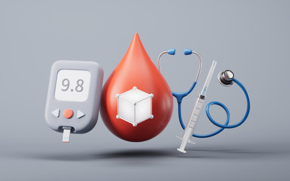 Red liquid drop and glucometer with blood sugar concept, 3d rendering.