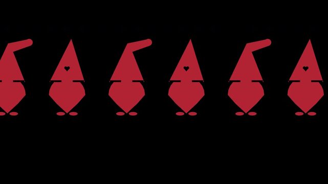 Scandinavian gnomes with pointy hats marching in a cute parade, red Christmas transparent overlay, seamless loop animation