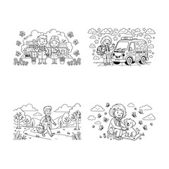 Obraz premium Set of four hand drawn doodle illustrations featuring various whimsical characters and abstract shapes in black and white