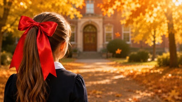 Rear view of a schoolgirl with a red bow walking toward a school building surrounded by colorful autumn trees. Back to School concept for education, new semester and first day of classes