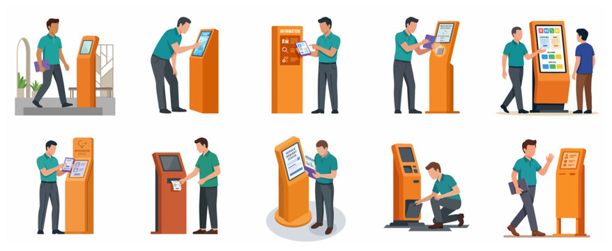 Set of People Interacting with Digital Self-Service Kiosks and Information Terminals in Flat Design
