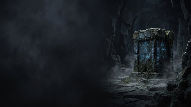 Ancient stone altar with glowing blue runes in dark misty cave background