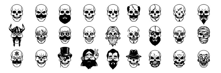 Obraz premium Skulls with Various Facial Hair and Accessories in a Collection of 24 Distinct Illustrations Featuring Vector, Design, Black