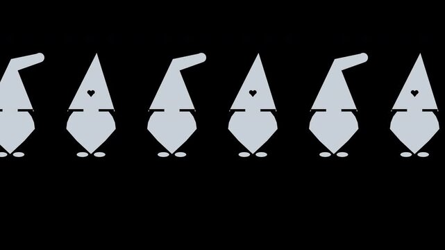 Scandinavian gnomes with pointy hats marching in a cute parade, silver Christmas transparent overlay, seamless loop animation