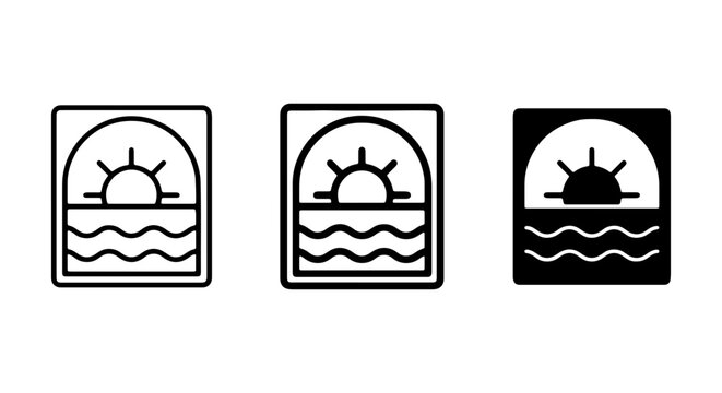 Minimalist Sunset Icon Set, Ocean Waves and Sun Graphic, Coastal Horizon Vector Art