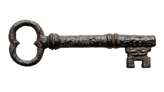 Rustic antique skeleton key on white background with rusty old skeleton key large loop security hardware vintage closeup ornate handle with access