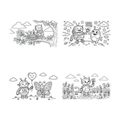 Obraz premium Set of four cute animal themed coloring pages for children featuring various forest creatures and fun outdoor scenes