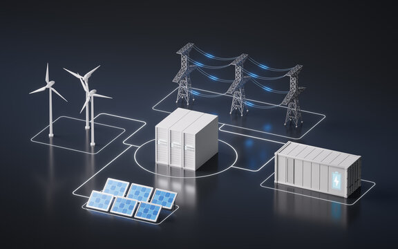 Cloud servers and electricity power supply, 3d rendering.