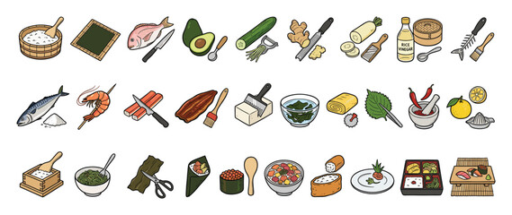 Obraz premium Set of sushi ingredients, kitchen tools, and Japanese dishes for food projects